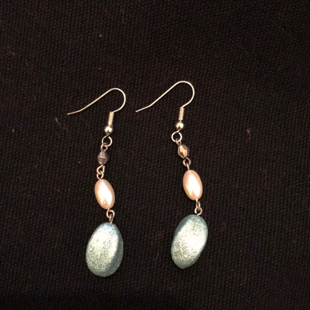 Pearl and Teal Dangle Earrings